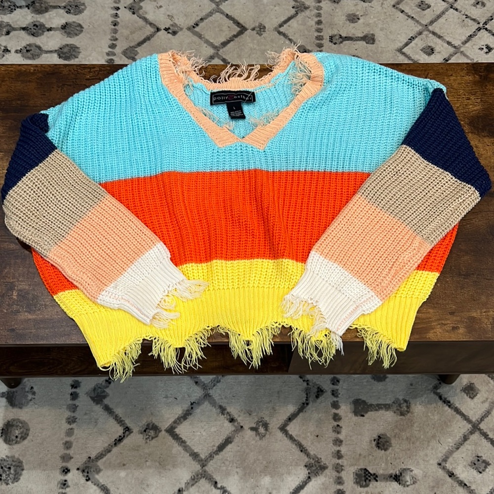 Color block distressed, cropped sweater